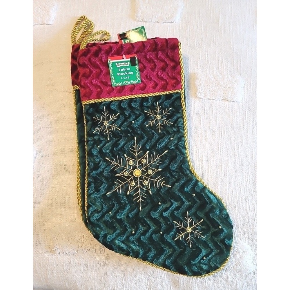Holiday Style Velvet Christmas Stocking Green Red Gold Snowflake Beaded 8x19 NEW